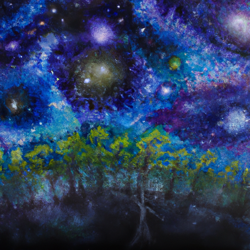 A forest floating in the vastness of space, illuminated by stars and galaxies. A surreal, dreamlike painting in the style of surrealism