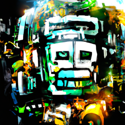 Create a digital artwork of a robot made of analog stereo equipment, with a vibrant, futuristic style. Try using a combination of abstract expressionism and cubism to bring the robot to life.