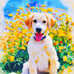 Create a painting of a cute puppy outside in a field of wildflowers. The puppy should be a golden retriever with a big, fluffy tail and a bright, happy expression. The background should be a bright, sunny day with a light breeze blowing through the wildflowers. Use a watercolor art style to capture the beauty of the scene.