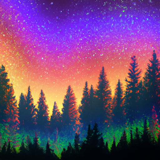 Oregon forest, brilliant stars, vibrant colors, Monet, 8k resolution, ultra hd, vector graphics, whimsical, serene, panoramic, landscapes, digital art, beautiful, , soft lighting, sunset lighting