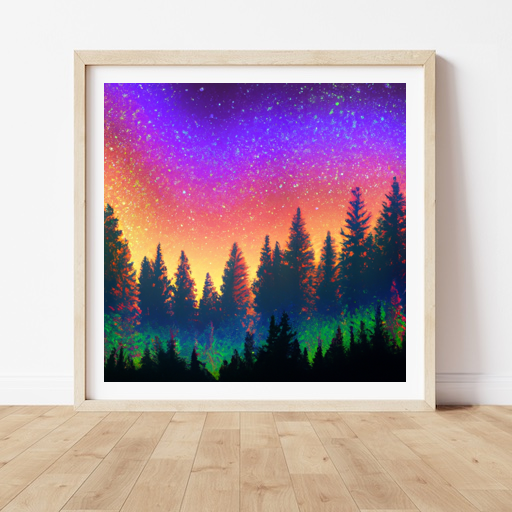 Oregon forest, brilliant stars, vibrant colors, Monet, 8k resolution, ultra hd, vector graphics, whimsical, serene, panoramic, landscapes, digital art, beautiful, , soft lighting, sunset lighting
