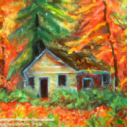 Craft an Impressionist vision of the tranquil isolation of a weathered cabin tucked amidst the bewitching greenery of an Oregonian forest awakening to an autumn morning. The cabin, draped in a whimsical shroud of fog irradiated by delicate sun rays, contrasts harmoniously with the fiery palette of the foliage; a riotous explosion of fiery oranges, rich ruby reds and golden yellows dappling the ethereal ambiance, an ode to the fleeting charm of fa