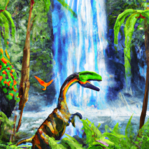 Create a painting of a dinosaur in a lush, vibrant jungle. Use bright colors and a mix of abstract and realistic elements to bring the scene to life. Include a waterfall in the background and a few tropical plants in the foreground. Art style: Impressionism.