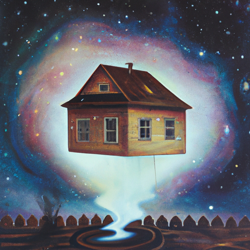 A house floating in the vastness of space, illuminated by stars and galaxies. A surreal, dreamlike painting in the style of surrealism. #surrealism