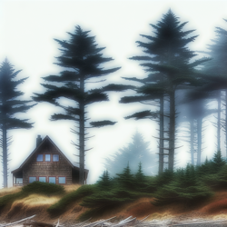 foggy Oregon coast cabin with large spruce trees, digital art