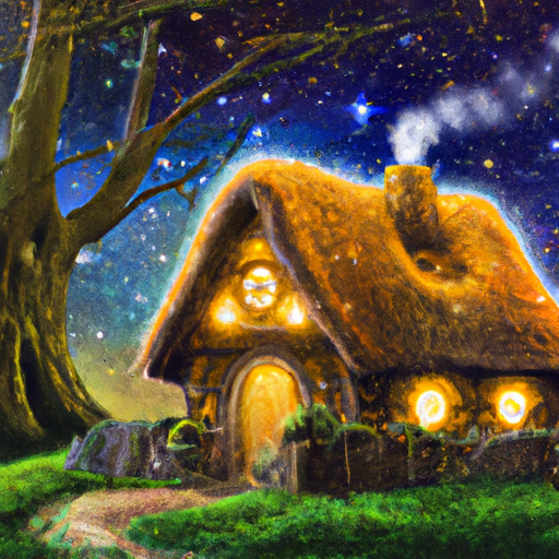 Create a fantasy-inspired artwork of a mystical cottage surrounded by trees, with twinkles of light and a starry sky. Use digital art to bring the scene to life. Imagine a cozy cottage with a thatched roof, surrounded by tall trees and illuminated by a starry night sky. Trees should be illuminated by twinkles of light, like fireflies or stars, to create a magical atmosphere. high def, clear, sharp