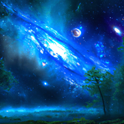 Create a surrealist painting of a star-filled forest floating in the vastness of space. The painting should be dreamlike and ethereal, with the stars and galaxies providing a soft, glowing light. Include details like trees, plants, and other elements of nature to create a peaceful and calming atmosphere. Make sure to capture the beauty of the night sky and the mystery of the unknown.