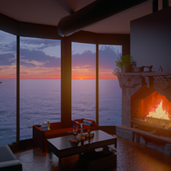 Cozy fireplace in front of large ceiling to floor windows, in a big house on a cliff overlooking the ocean. Evening time, cozy feeling, digital art