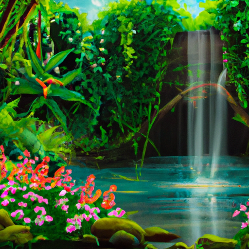 Create a high-definition painting of a tropical jungle with a waterfall cascading into a calm pond surrounded by big ferns, bright flowers, and tall trees with vines. Capture the shimmering reflections of light on the water's surface, tranquil, realistic, organic