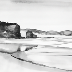 Black and White water color Oregon Coast Beach Landscape painting, realism, high definition.