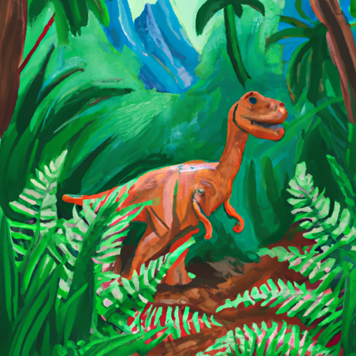 Draw a dinosaur in a lush, green jungle with tall trees, vines, and ferns. The dinosaur should be standing on a dirt path, looking around curiously.