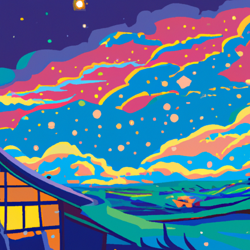 house underneath the stars, japanese (ukiyo-e), vibrant colors, katsushika hokusai, 8k resolution, anti-aliasing, high dynamic range (hdr), ultra hd, vector graphics, whimsical, serene, panoramic, landscapes