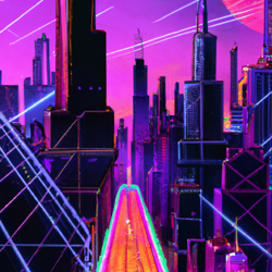 retrofuture neon city with detailed surroundings including sears tower