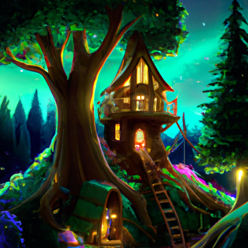 Create a high-def, 4K, digital art piece of an enchanted forest with a treehouse cottage in many thick, green, pine trees. The night sky should be filled with green and blue neon aurora borealis and stars, the trees should be lush and green. Make it look like a magical fantasy scene!