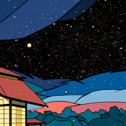 house underneath the stars, japanese (ukiyo-e), vibrant colors, katsushika hokusai, 8k resolution, anti-aliasing, high dynamic range (hdr), ultra hd, vector graphics, whimsical, serene, panoramic, landscapes