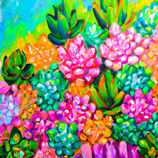 Create a vibrant, abstract painting of a garden of succulents, with bright colors and happy shapes. #abstractart