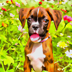 Create a painting of a cute puppy outside in a field of wildflowers. The puppy should be a brindle boxer with big, floppy ears and a bright, happy expression. The background should be a bright, sunny day with a light breeze blowing through the wildflowers. Use a watercolor art style to capture the beauty of the scene.