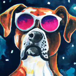 Hipster boxer dog, psychedelic, wide eyes, staring out at space, futuristic, high angle, defined eyes, watercolor painting

