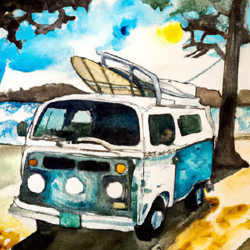 Imagine a delicate watercolor painting portraying a brightly colored, vintage VW van journeying leisurely along the breathtaking vistas of the Oregon Coast Highway 101. The van is captured parked next to a windswept beach, its azure awning unfolded, complementing the vibrant hues of the setting sun. A surfboard is leaning against the van, subtly narrating tales of a nomadic surfing lifestyle. The panoramic sea with frothing waves creates the perf