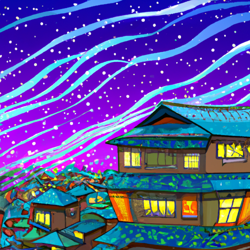 house underneath the stars, cityscape, vibrant colors, katsushika hokusai, 8k resolution, anti-aliasing, high dynamic range (hdr), ultra hd, vector graphics, whimsical, serene, panoramic, landscapes, japanese (ukiyo-e)