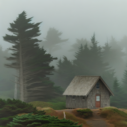 foggy Oregon coast cabin with large spruce trees