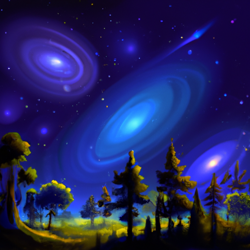 Create a surrealist painting of a star-filled forest floating in the vastness of space. The painting should be dreamlike and ethereal, with the stars and galaxies providing a soft, glowing light. Include details like trees, plants, and other elements of nature to create a peaceful and calming atmosphere. Make sure to capture the beauty of the night sky and the mystery of the unknown.