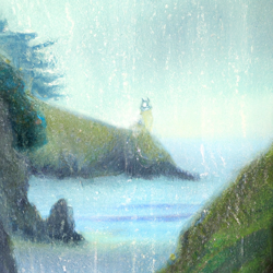 Create a foggy, moody painting of the Oregon coast on a rainy day. Use a mix of blues, greys, and greens to capture the misty atmosphere. Include a rocky shoreline, a few trees, and a lighthouse in the background. Make sure to include a few raindrops in the painting to emphasize the wet weather. Art style: Impressionism.