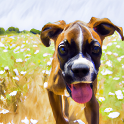 Create a watercolor painting of a cute boxer puppy running in a field of daisies Cute floppy ears and brindle fur. very happy and sunny day 