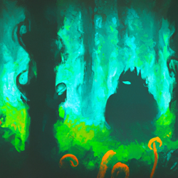 Create a surrealist painting of a mysterious forest inhabited by Bigfoot. The painting should feature a lush, vibrant forest with a Bigfoot lurking in the shadows, surrounded by a mysterious mist. The painting should be full of vibrant colors and have a dream-like quality to it. Make sure to capture the mysteriousness of the forest and the Bigfoot's presence.