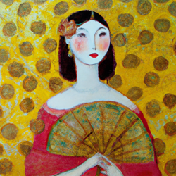 Create a painting in the style of Gustav Klimt's 'Lady with a Fan'. Include a woman with a fan in the painting, and use the same vibrant colors and gold leaf accents as Klimt did. Make sure to include the same intricate details and ornate patterns. Add a touch of surrealism to the painting to make it unique. Art type: Symbolism.