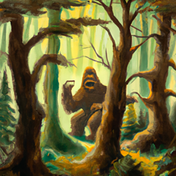 Create a surrealist painting of a mysterious forest inhabited by Bigfoot. The painting should feature a lush, vibrant forest with a Bigfoot lurking in the shadows, surrounded by a mysterious mist. The painting should be full of vibrant colors and have a dream-like quality to it. Make sure to capture the mysteriousness of the forest and the Bigfoot's presence.