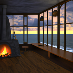 Cozy fireplace in front of large ceiling to floor windows, in a big house on a cliff overlooking the ocean. Evening time, cozy feeling, digital art