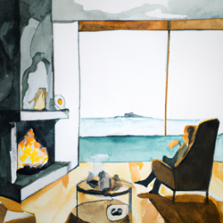  Cozy fireplace in front of large ceiling to floor windows, in a big house on a cliff overlooking the ocean. Evening time, cozy feeling, person sitting in big, comfy chair holding cup of tea, watercolor painting. Mid century Modern furniture in the house