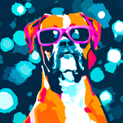 Hipster boxer dog, psychedelic, wide eyes, staring out at space, futuristic, high angle, defined eyes, watercolor painting

