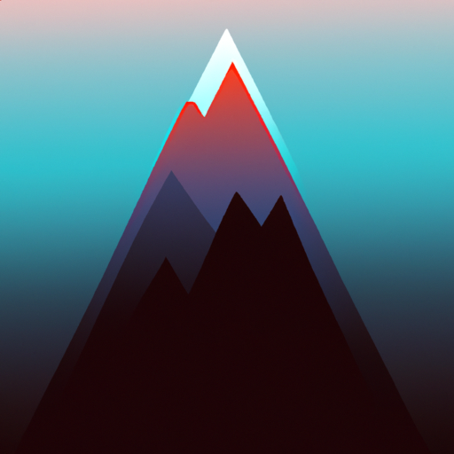 Landscape of a sharp mountain peak, with a color gradient that goes from the peak to the bottom. The color gradient must have the colors: light blue, blue, green, orange, and purple. The colors are rich. There is a dark red sun showing behind the mountain peak. Minimalist, modern, digital art