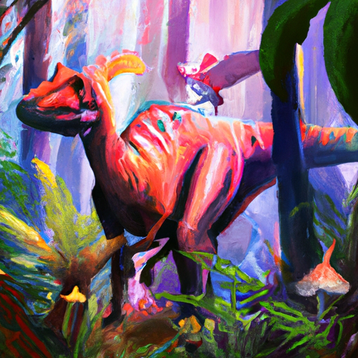 colorful dinosaur in the jungle, surrealism, realistic, digital art