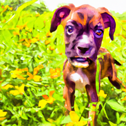 Create a painting of a cute puppy outside in a field of wildflowers. The puppy should be a brindle boxer with big, floppy ears and a bright, happy expression. The background should be a bright, sunny day with a light breeze blowing through the wildflowers. Use a watercolor art style to capture the beauty of the scene.