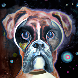 Hipster boxer dog, psychedelic, wide eyes, staring out at space, futuristic, high angle, defined eyes, watercolor painting

