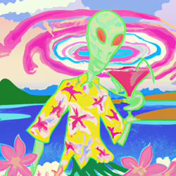 Create a surrealist painting of an alien wearing a Hawaiian shirt, hovering above a lake filled with strawberry margarita. The alien should have a whimsical expression on its face, and the lake should be a vibrant pink color. Include a bright blue sky with white clouds in the background.