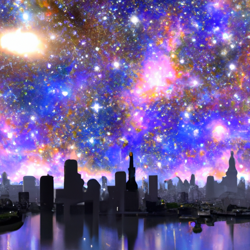 cityscape, brilliant stars, vibrant colors, Monet, 8k resolution, ultra hd, vector graphics, whimsical, serene, panoramic, landscapes, digital art, wide-angle