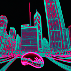 retro future neon city based on chicago loop including the bean