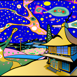 house underneath the stars, japanese (ukiyo-e), vibrant colors, 8k resolution, anti-aliasing, high dynamic range (hdr), ultra hd, vector graphics, whimsical, serene, panoramic, landscapes, salvador dalí