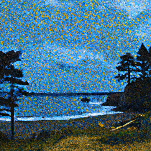 Create a night scene of the Oregon coast, inspired by the style of Van Gogh. Show a beach with trees, rocks, and the ocean, illuminated by stars. Use a pointillism art style to capture the beauty of the night.