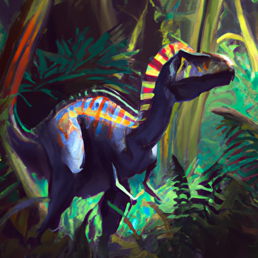 colorful dinosaur in the jungle, surrealism, realistic, digital art