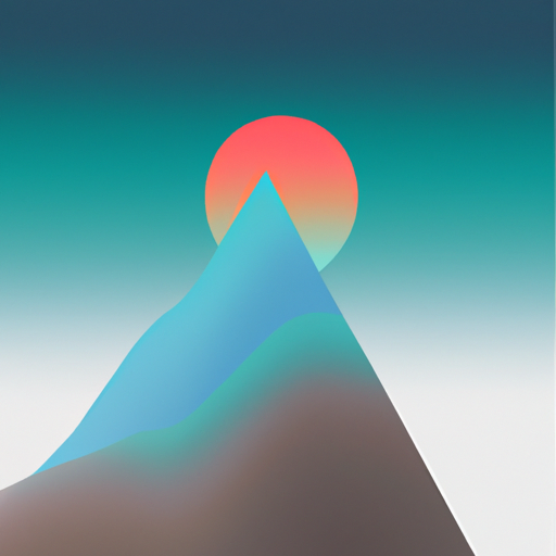 Landscape of a sharp mountain peak, with a color gradient that goes from the peak to the bottom. The color gradient must have the colors: light blue, blue, green, orange, and purple. The colors are rich. There is a dark red sun showing behind the mountain peak. Minimalist, modern, digital art