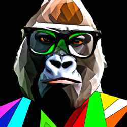 Craft a fascinating Cubist-style portrait of an exceptionally cool gorilla embodying traits of hipster culture. The gorilla dons a vibrantly-colored striped shirt and wears thick pitch-black frame glasses. Capture both its beastly prowess and its urbane sophistication.