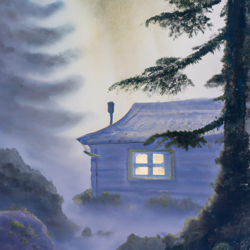 Create a foggy, surreal landscape painting of a cozy cabin in the Oregon woods. Use a mix of watercolor and oil paints to capture the misty atmosphere.