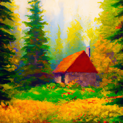 Envision a solitary rustic cabin nestled in the heart of an enchanting Oregon forest. The cabin is shrouded by an ethereal blanket of fog that's gently kissed by the morning sun. It's an autumn daybreak, the leaves are a canvas of vibrant oranges, deep reds, and golden yellows. Draw this scene in a captivating Impressionist style, highlighting the interplay between fog, light, and fall foliage.