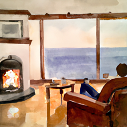 Cozy fireplace in front of large ceiling to floor windows, in a big house on a cliff overlooking the ocean. Evening time, cozy feeling, person sitting in big, comfy chair holding cup of tea, watercolor painting