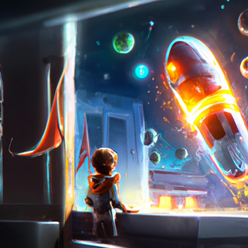 Futuristic spaceship flying away from earth, planets and stars amongst dark background. little kid looking out of window with awe, staring longingly into space. Clear, defined, sharp, bright colors, digital art